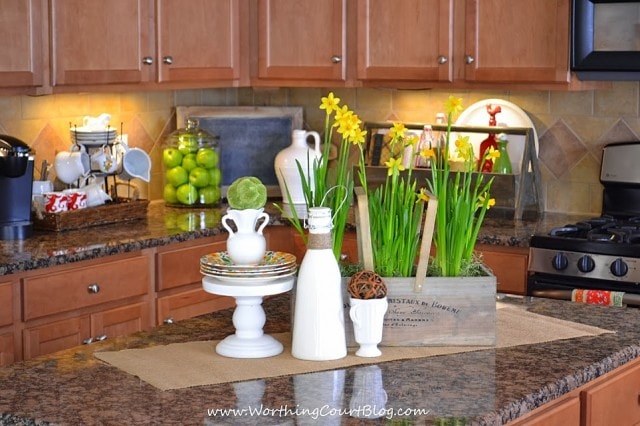 Spring decor on a granite kitchen island counter top