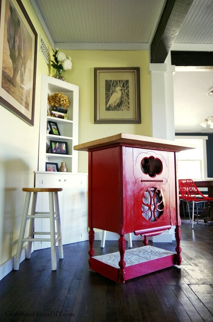 a radio stand converted into a kitchen island