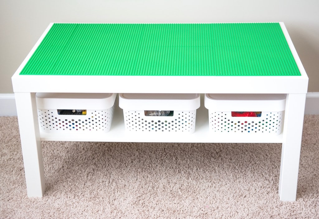 a white table built to store LEGOS