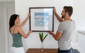 Two people holding a framed piece of art in an article about alternatives to command strips for hanging decor