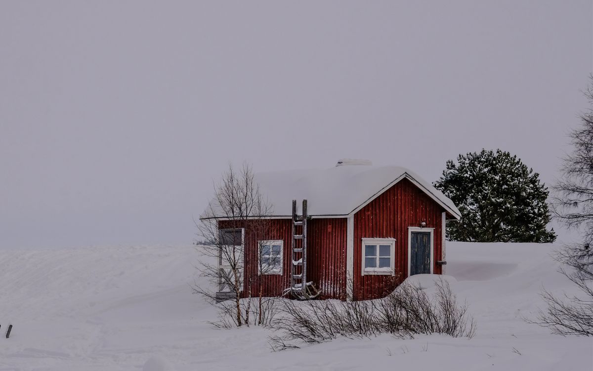 A small wooden house with snow around it._ Ways to Winterize Your Home on the Cheap