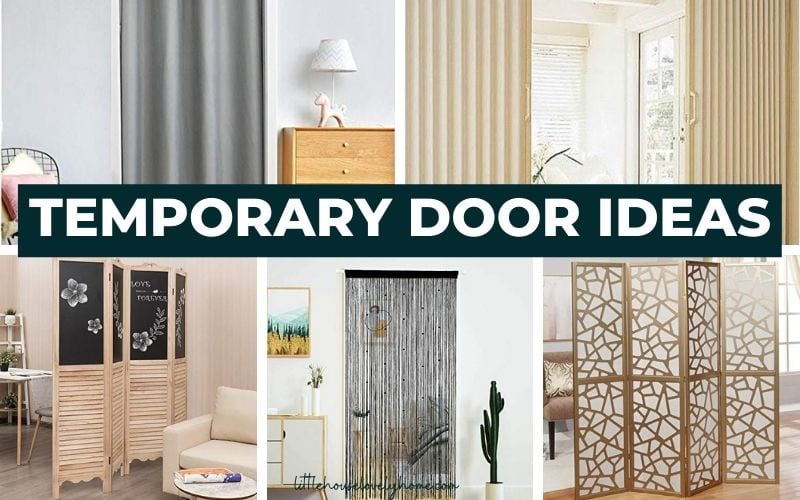 gird of 5 images showing various temporary door ideas including curtains, sliding doors 