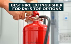 Hand activating a fire extinguisher with text overlay which reads Best Fire Extinguisher for RV: 5 Top Options