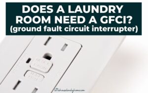 Image of white GFCI outlet on white background with white text overlay that reads "Does a laundry room need a GFCI (ground fault circuit interrupter)? on a black background