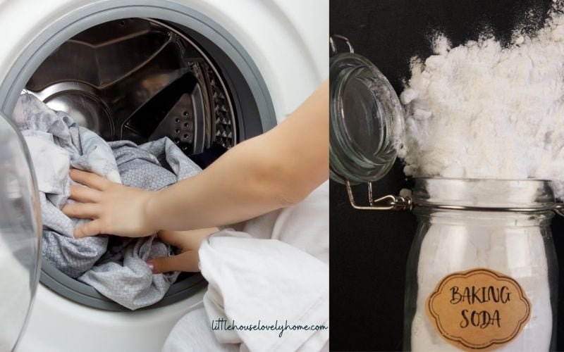 hands putting laundry inside washing machine and baking soda