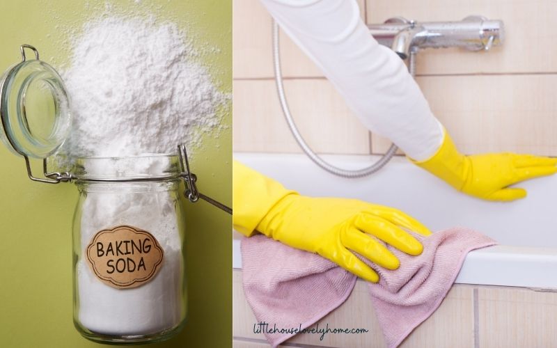 baking soda and hands cleaning bath tub