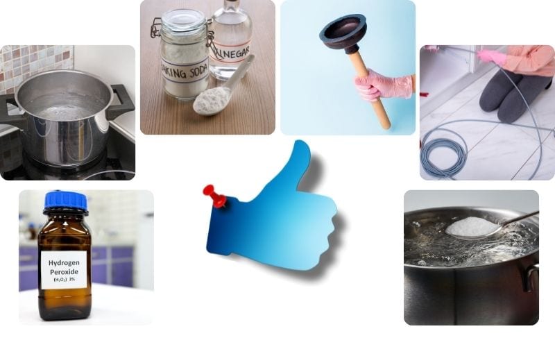 Image of six photos of items for cleaning with blue hand at the middle