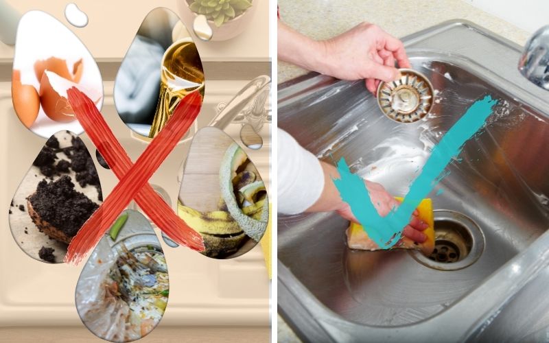 image showing items not acceptable for sink garbage disposer and a photo of a pair of hands cleaning the sink