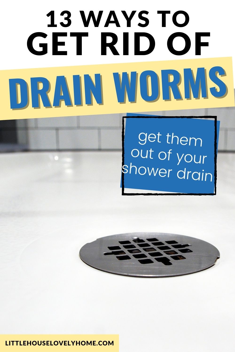 picture of shower drain with text overlay that reads 13 ways to get rid of drain worms