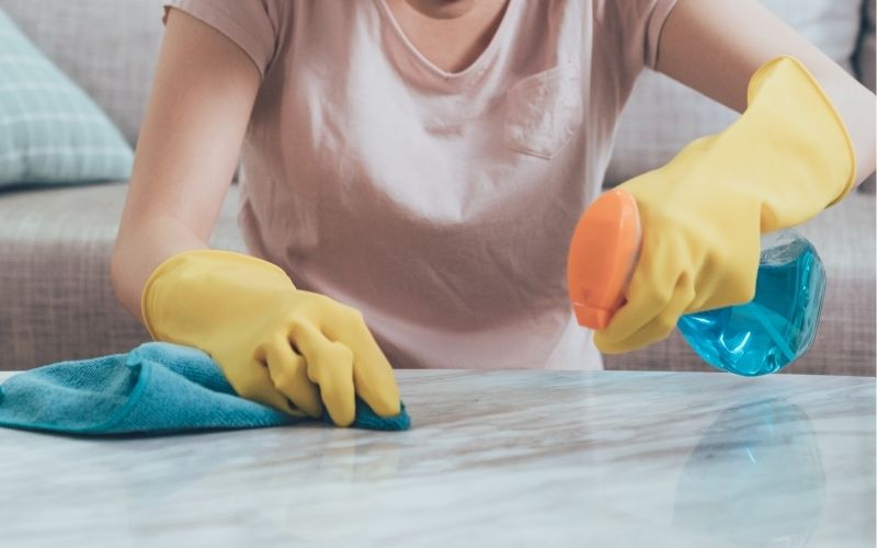 Image of a woman holding a spray spraying on the counter top