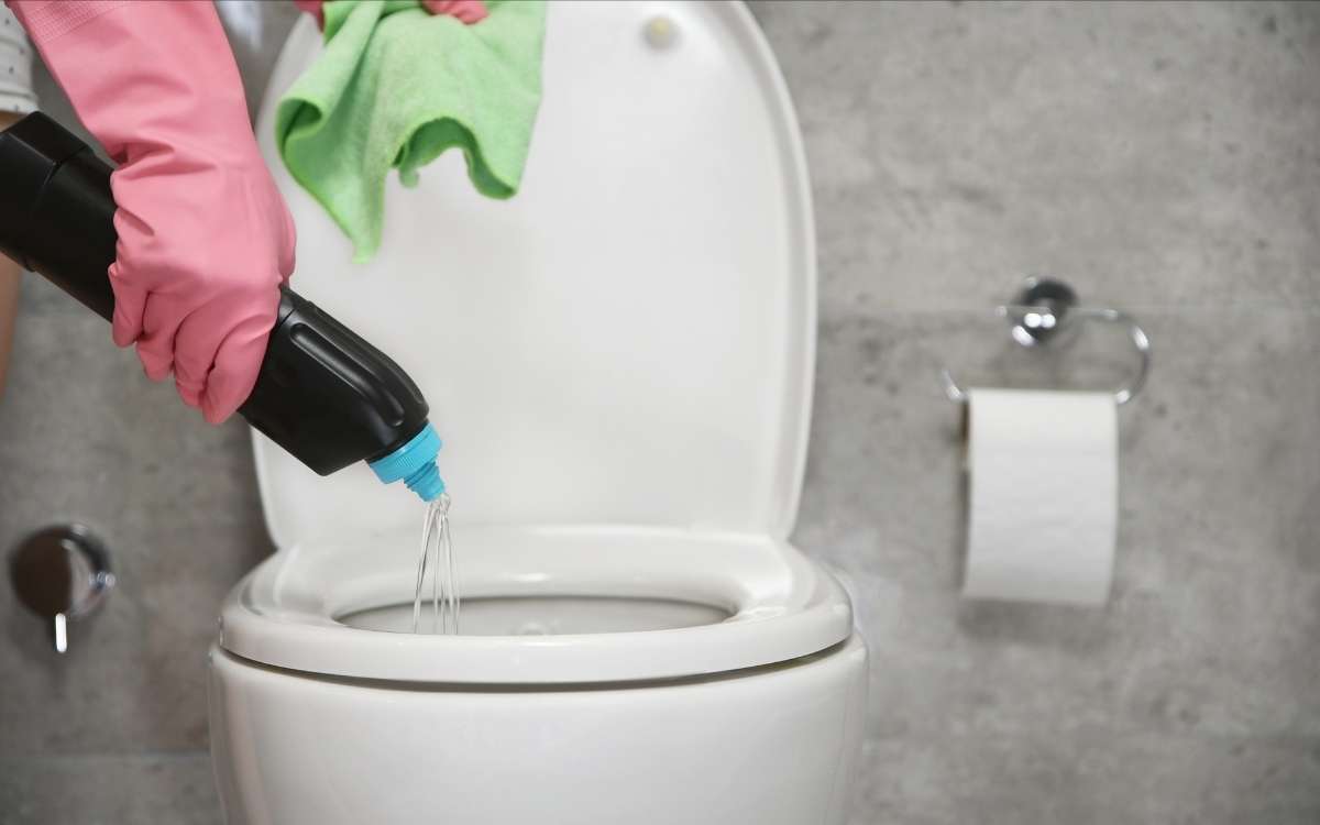 Photo of avgloved hand holding a black container over a white toilet