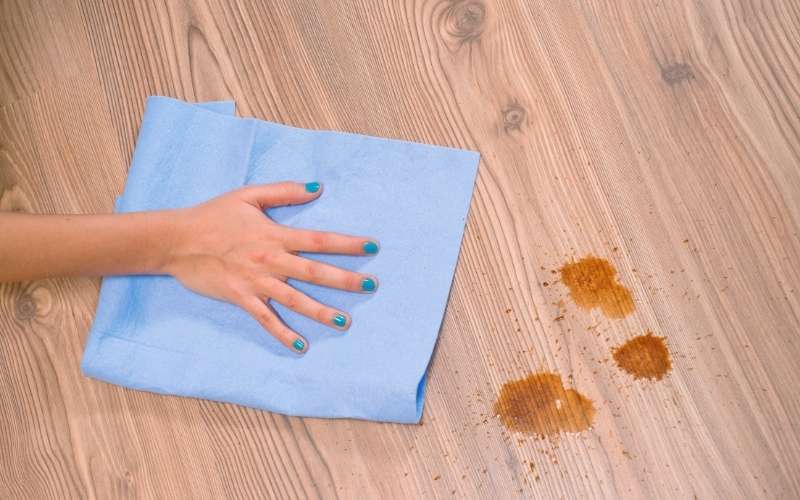 Photo of a hand holding a rag on the floor with some stains