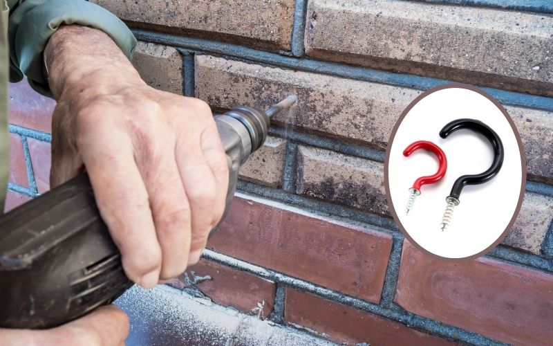 Image of a hand holding a drill drilling into the brick wall and an image of hooks beside the drill