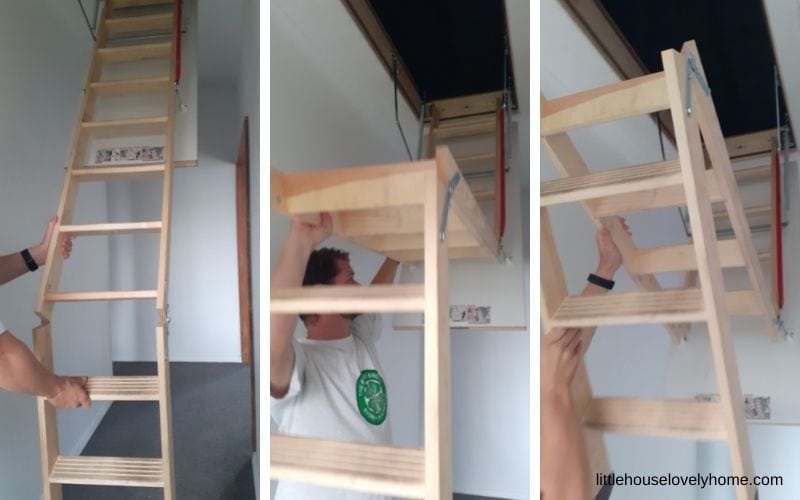 3 pictures of a wooden ladder in various stages of collapsing into an attic hatch