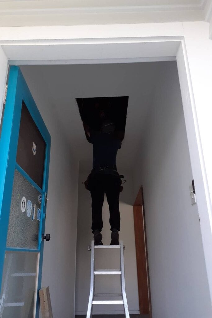 Man standing on a ladder with half of his body out of sight