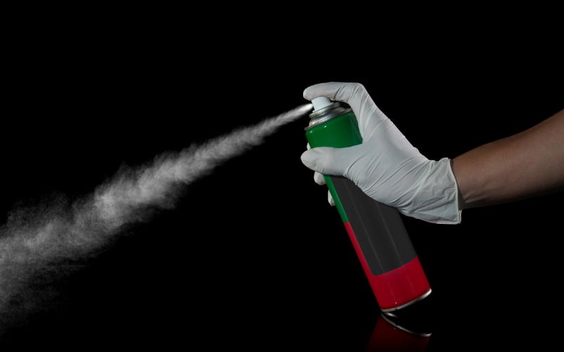 a hand holding pesticide spray in black background that can use to spray on maggots