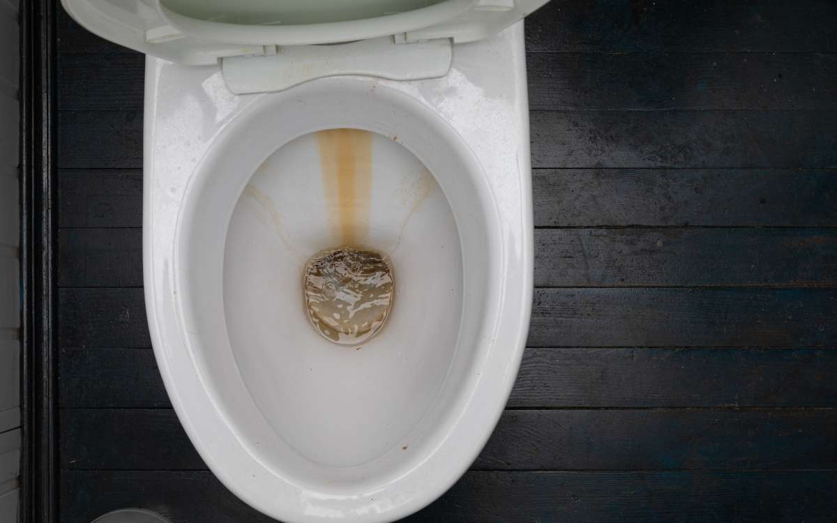 A toilet bowl with urine stains