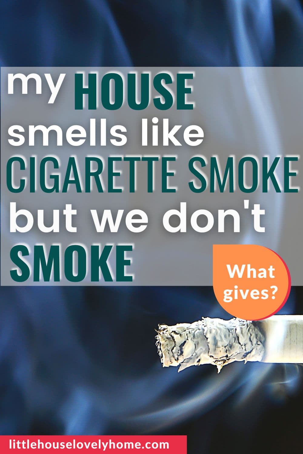 Image showing a cigarette tip with ashes on an ash tray with text overlay that reads My House Smells Like Cigarette Smoke But We Don’t Smoke