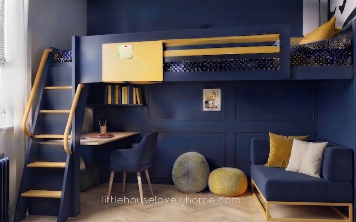 Loft Bed Ideas_Navy and Yellow Loft Bed With Chillout Area