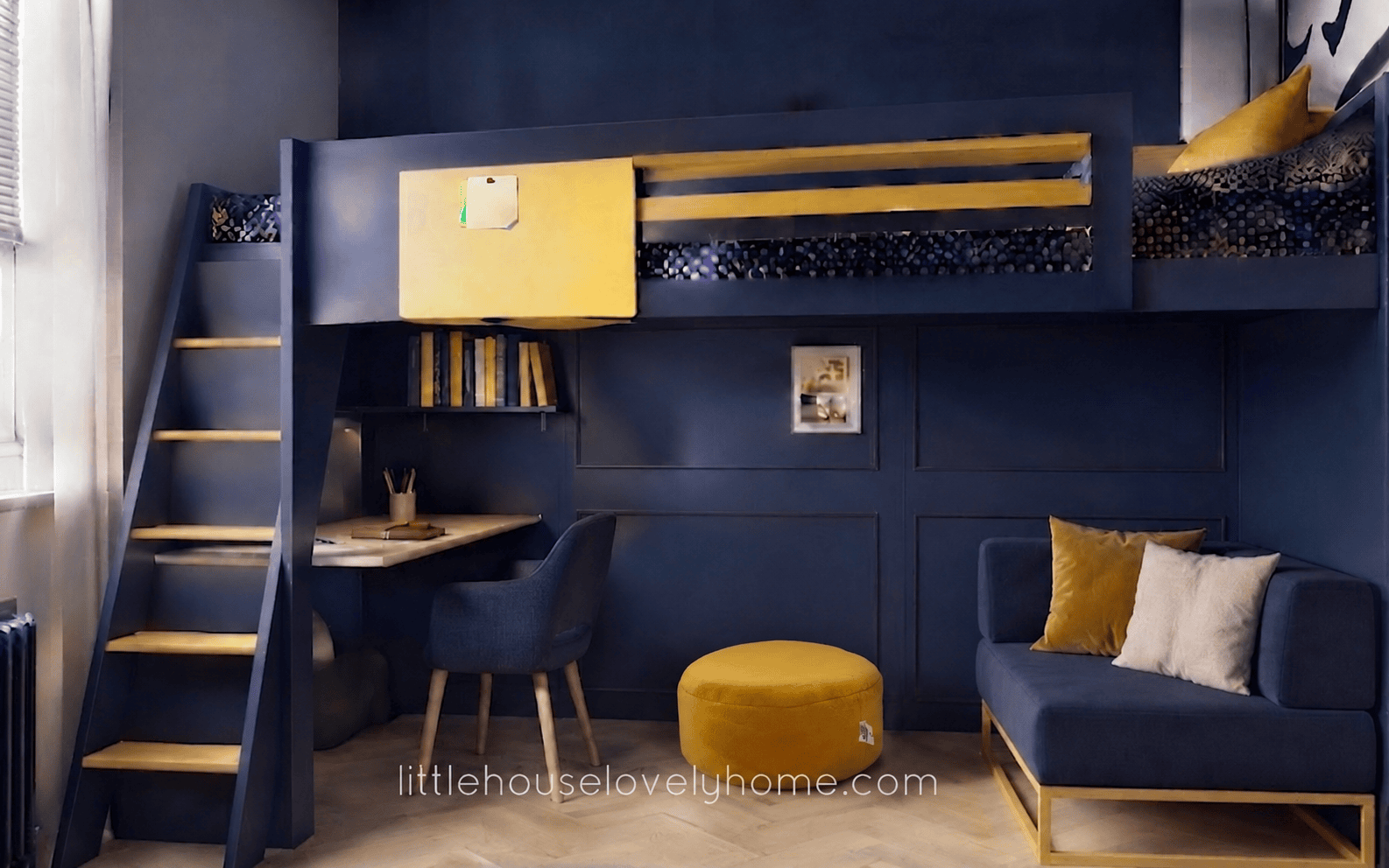 Loft Bed Ideas_Navy and Yellow Loft Bed With Chillout Area