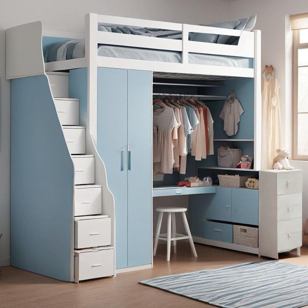 a loft bed with wardrobe or closet