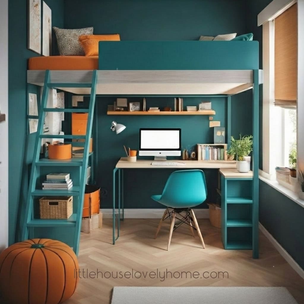 Modern loft bed with integrated desk, open storage, and orange bedding, set in a room with dark turquoise walls and light herringbone wood floors.