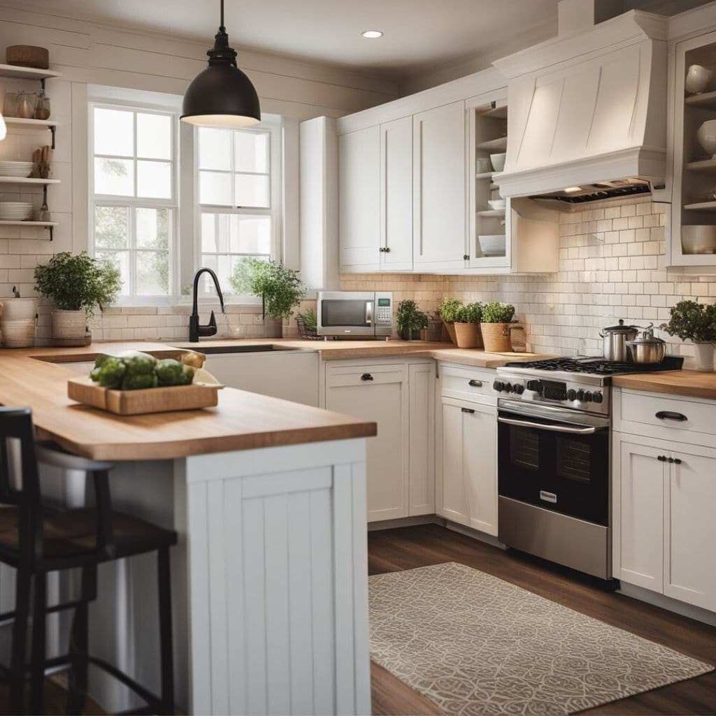 white cabinets and earth-toned countertops