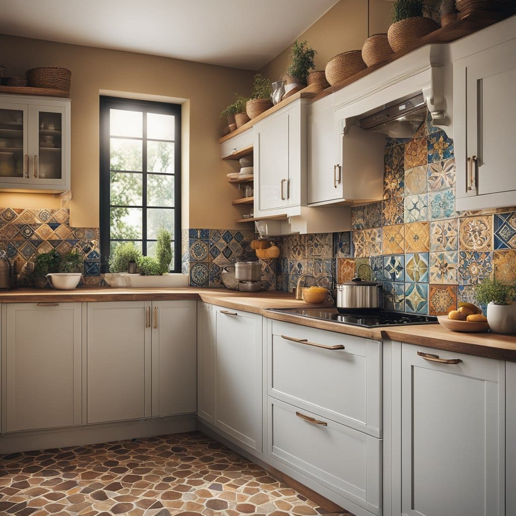 Kitchen with warm beige walls with sleek grey cabinets