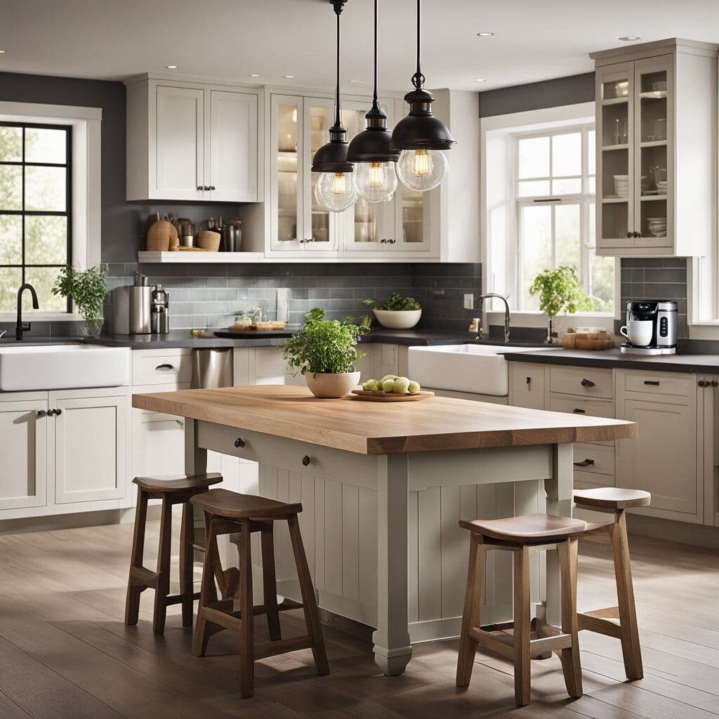 soft grey cabinets and island