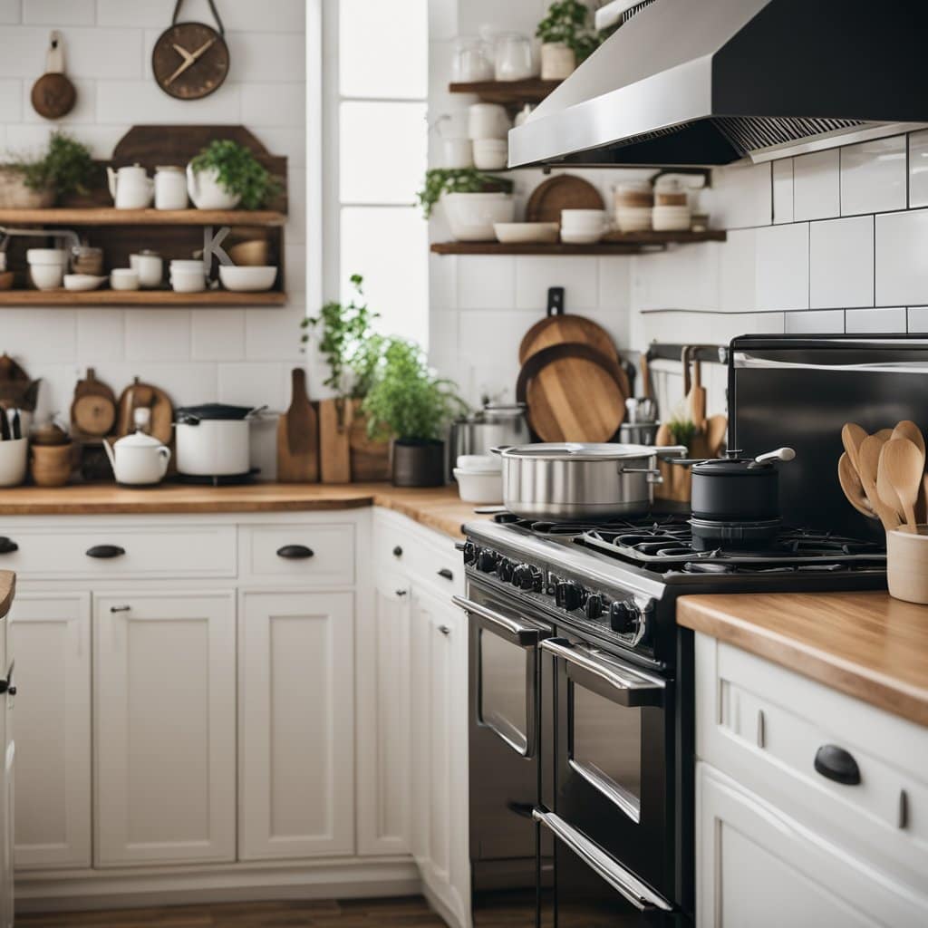 Farmhouse Kitchen with creamy whites and natural wood tones