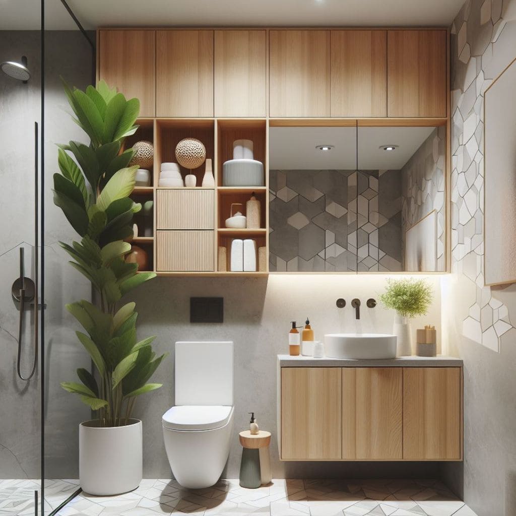 Modern Small Bathroom Design with Wood and Gray Tones