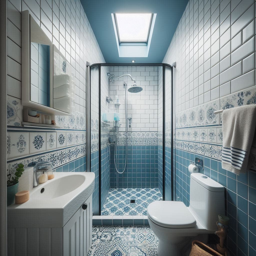 Stylish Small Bathroom with blue and white tiles