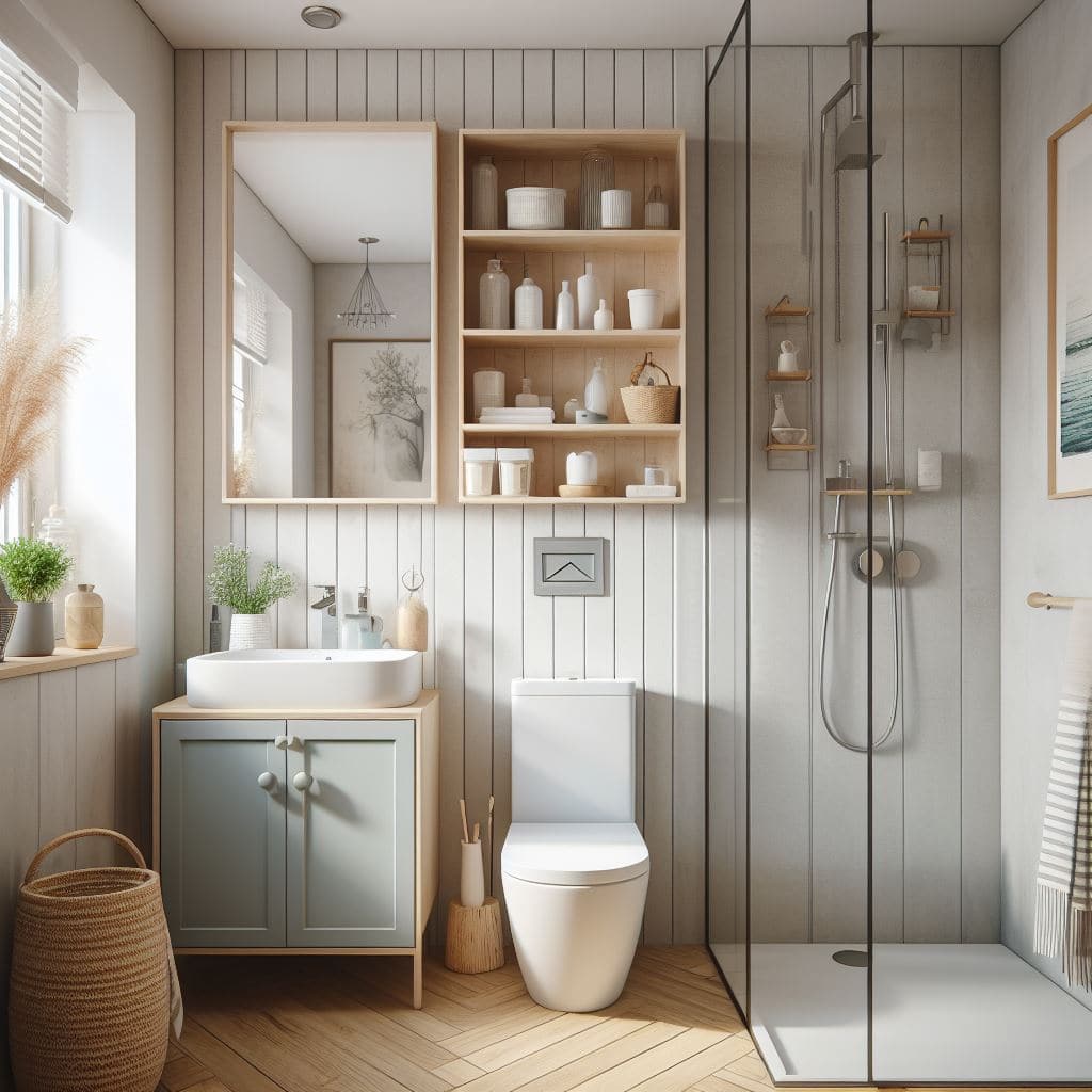 Stylish Small Bathroom in Wooden and Pastel Blue Tones