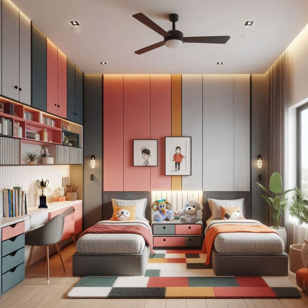 Compact and Stylish Kids’ Bedroom for Two With Cozy Warm Colors