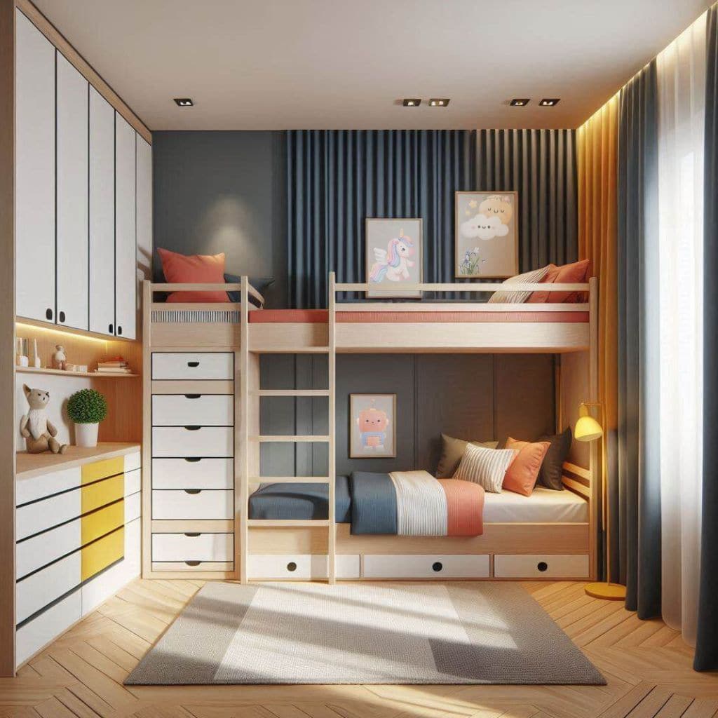 Inspiring Smart Storage Kids’ Bedroom With Bunk Beds