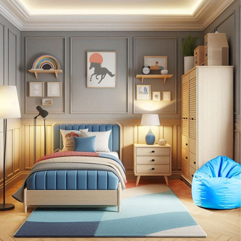 Small Kids Bedroom Ideas_Calm and Creative Cozy Bedroom in Soft Grey and Blue Accent