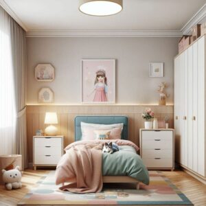 Small Kids Bedroom Ideas with a cat on the bed