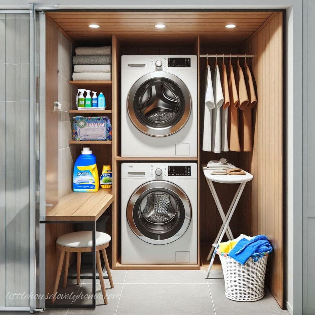 a closet with washer, dryer and ironing board