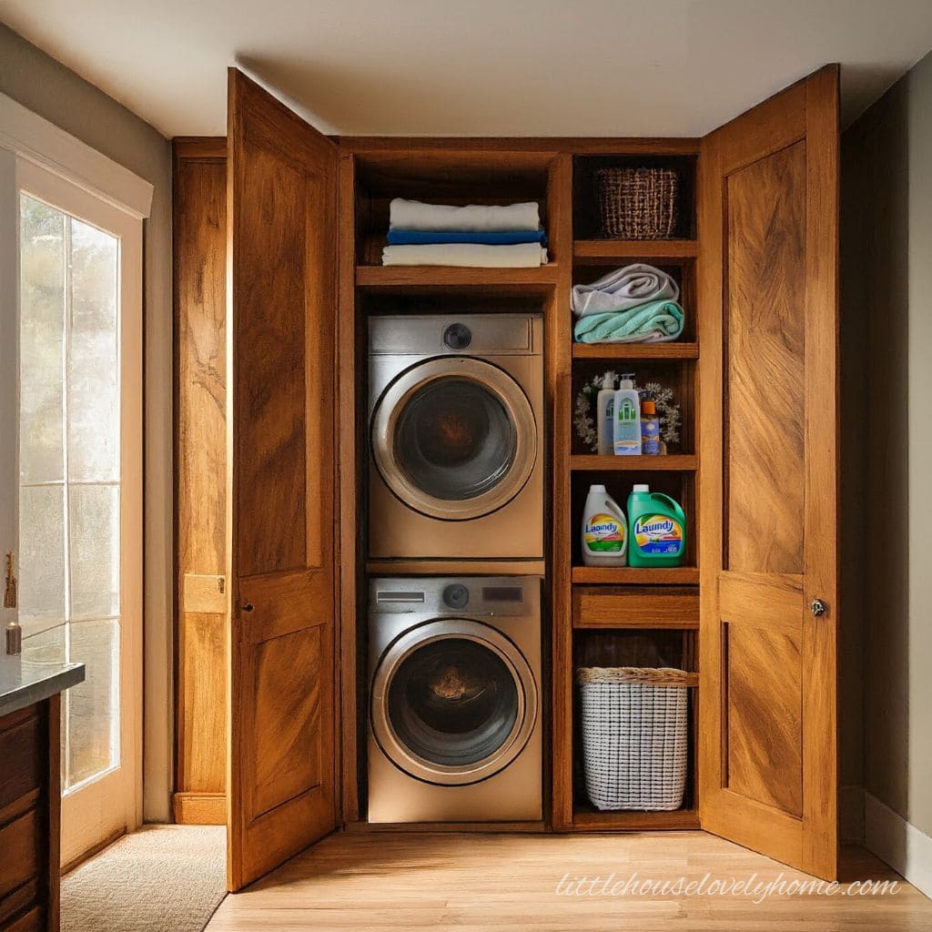 Washer and dryer with essentials in a cabinet