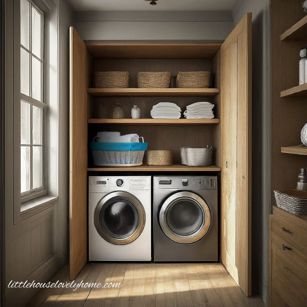 Chic laundry closet with washer and dryer with open shelvings