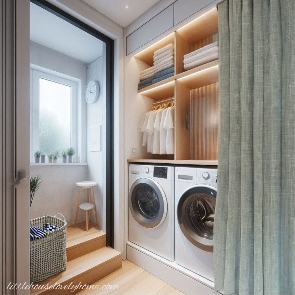 laundry closet with curtain in bright room