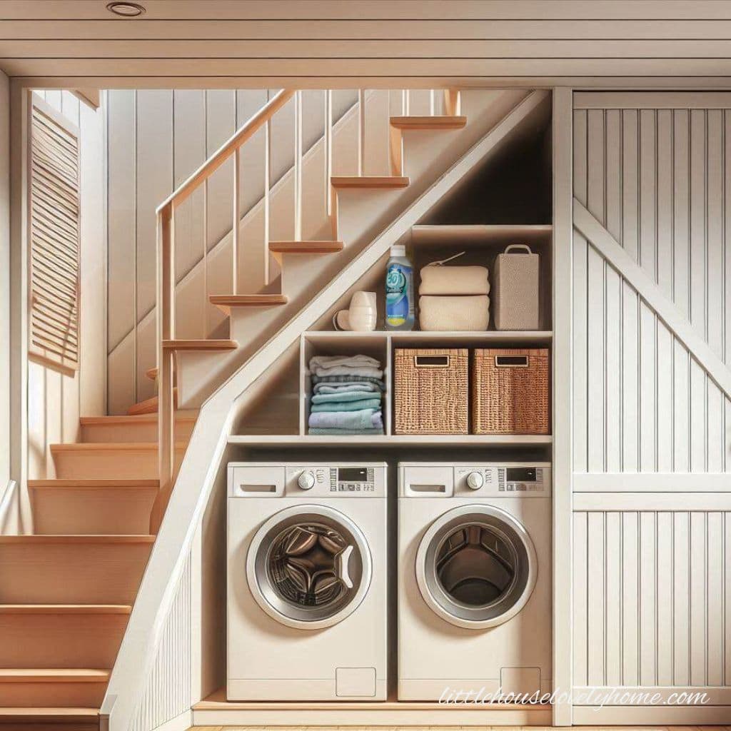 Washing and dryer under the stairs with sliding door