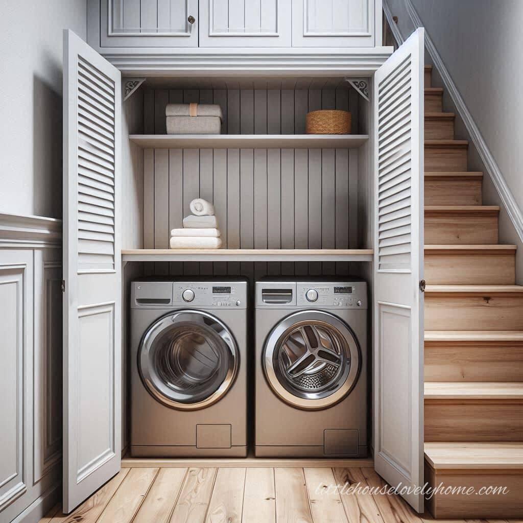 A closet with Washer and dryer beside the stairs