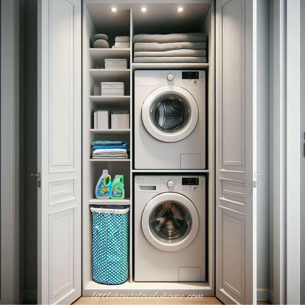 vertical cabinet with washer and dryer with blue hamper.