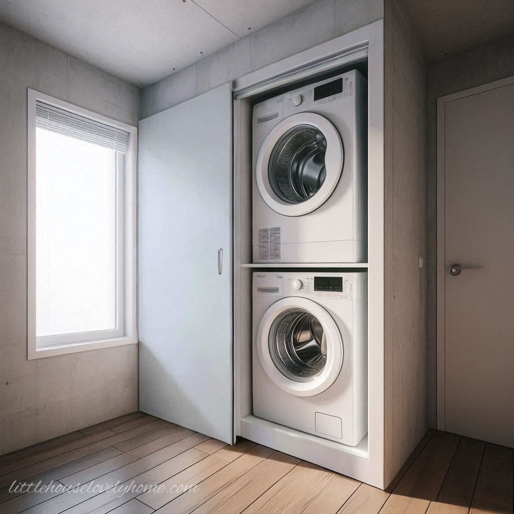 White washer and a dryer fitten in a white closet with sliding door