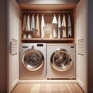 Laundry Closet Ideas_a washer and a dryer with clothes hanging in a closet