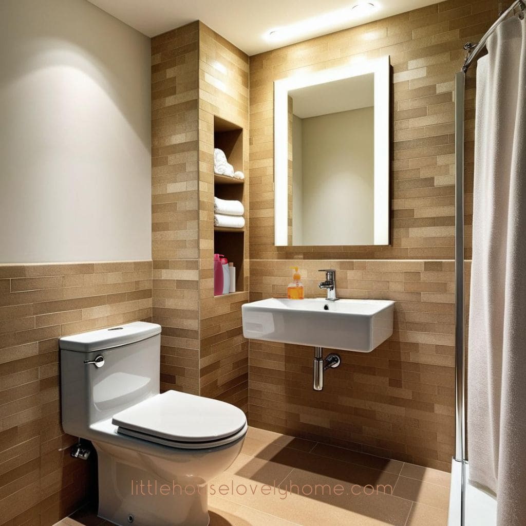Warm and Earthy Small Bathroom with Built-in Storage_small bathroom ideas