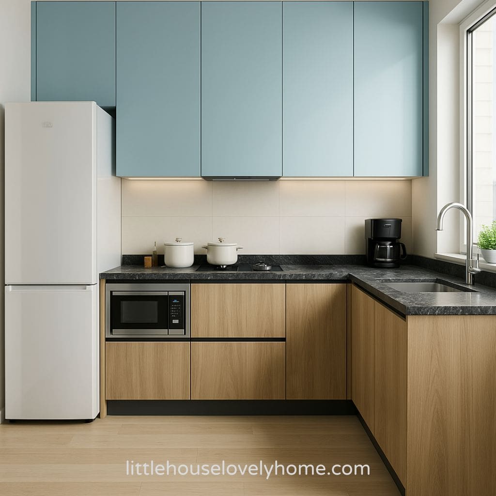 A bright room with a tall refrigerator, built in microwave oven, with light blue upper cabinet