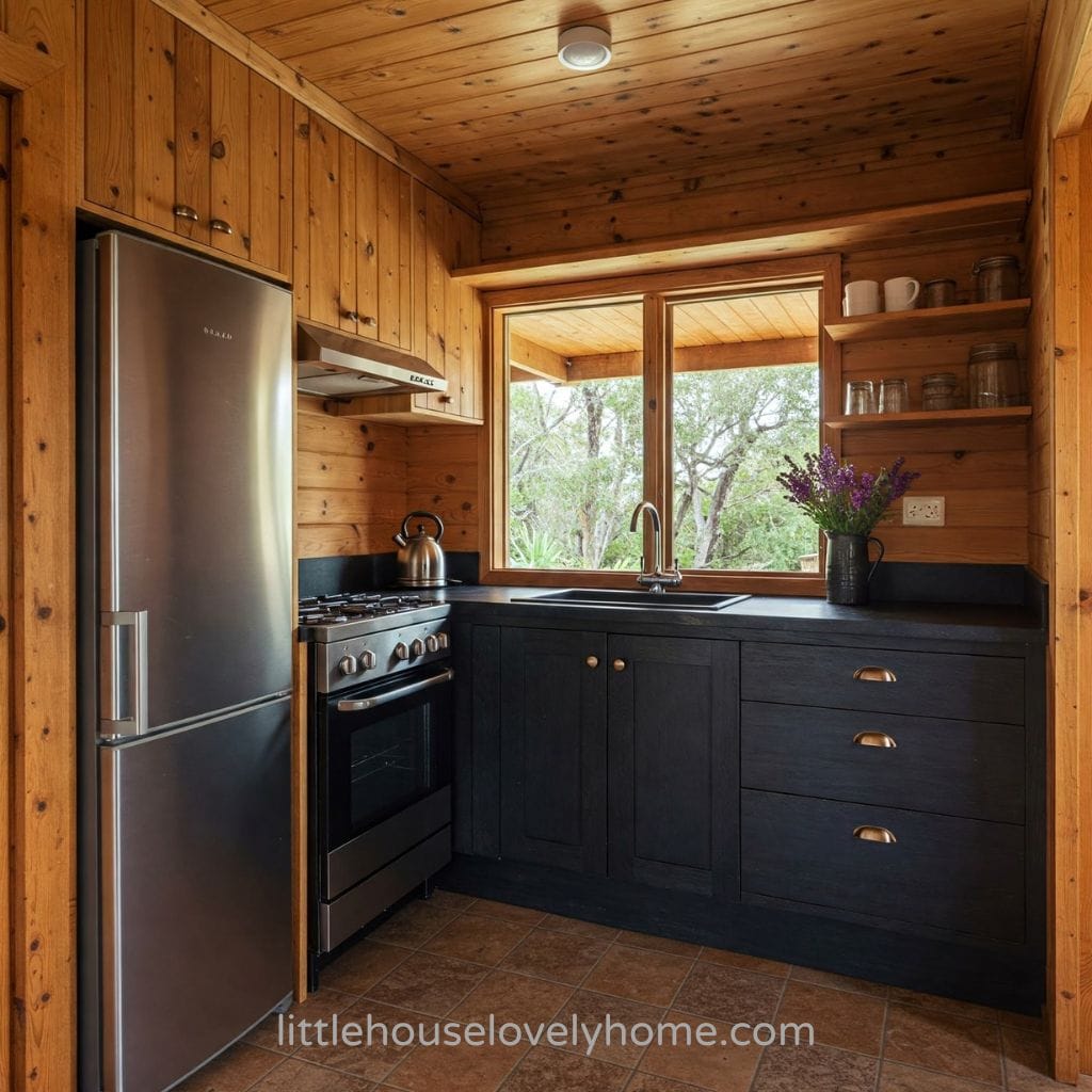 Cabin-like ambience with wooden cabinets, and appliances like a metallic grey refrigerator.