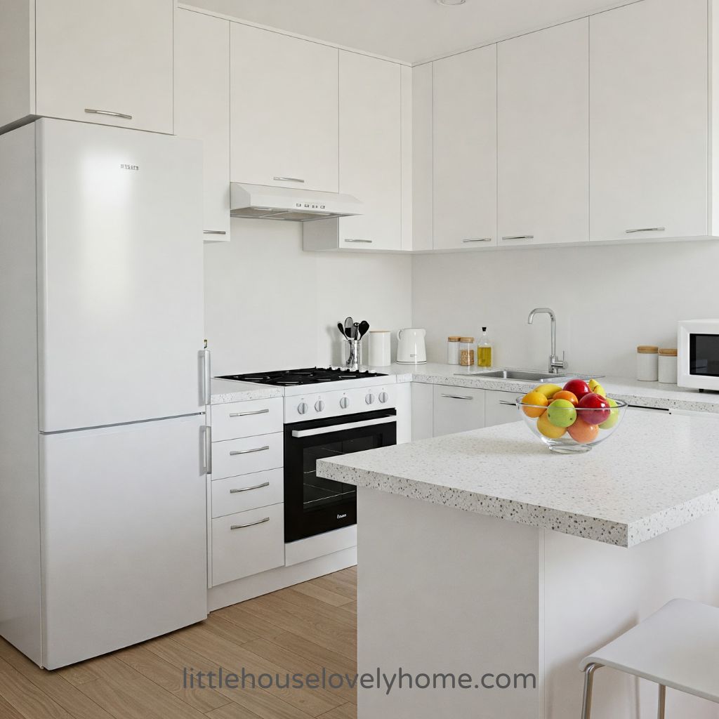 A small kitchen with white cabints, an island with white refrigerator
